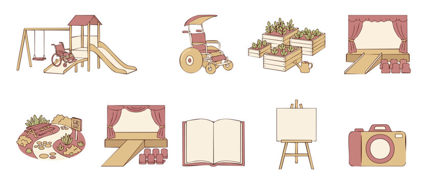 Accessible infrastructure and inclusive design icons set featuring wheelchair ramps, stages, and garden tools for universal design and disability awareness in soft pastel aesthetic flat vector illustr