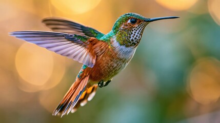 Obraz premium Single hummingbird hovering in flight with soft bokeh background.