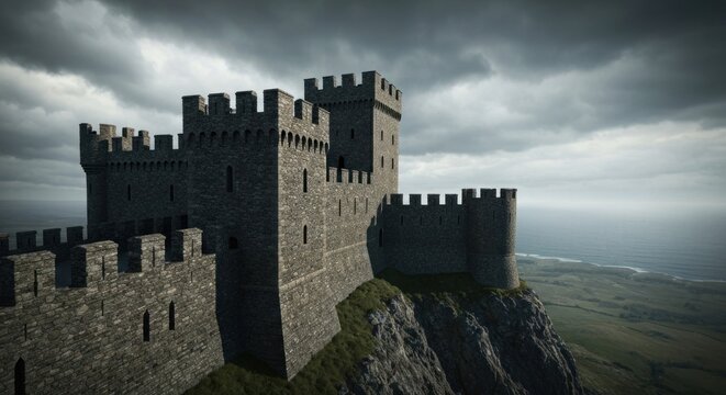 Gray stone castle on a cliff overlooking a landscape