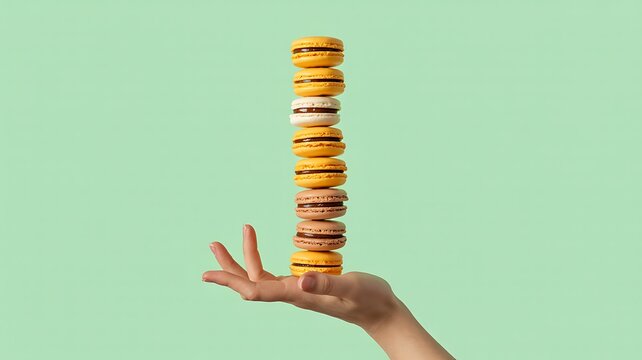 A hand balances a tall stack of colorful donuts in a creative food photography composition on a green background.