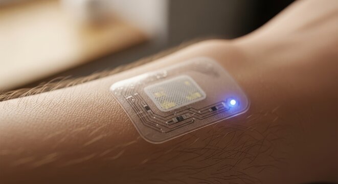 wearable health sensor on arm smart health monitor transparent patch with blue light