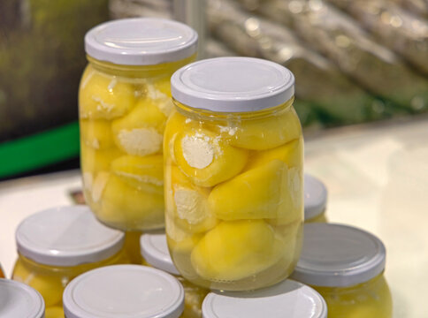 Pickled Yellow Peppers Stuffed With Cheese in Masson Jars Food Preserving