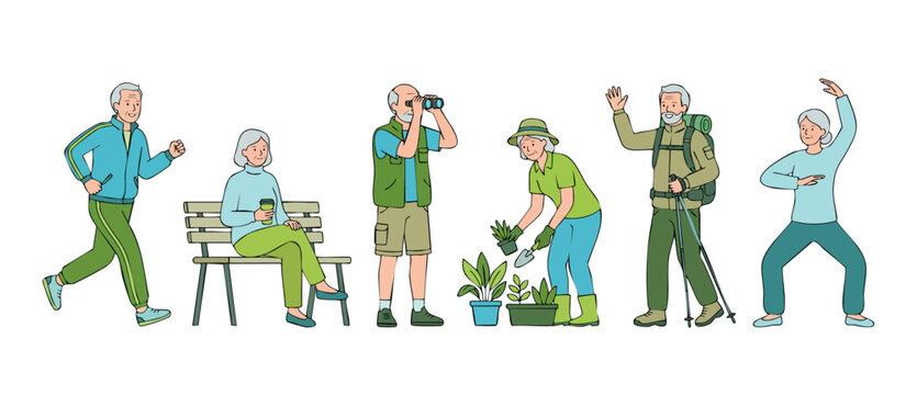 Senior people active lifestyle set, happy elderly characters running, gardening, hiking, sitting on bench and exercising. Flat vector illustration of retired people healthy activities isolated on whit
