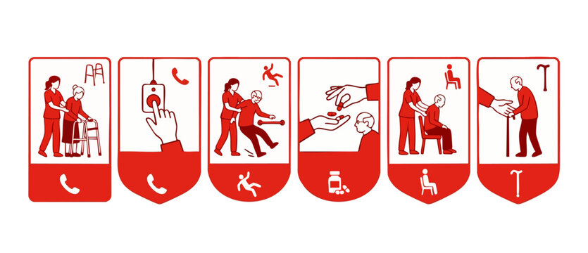 Elderly Care Safety Icons Set, Nursing Home Assistance Infographic Symbols, Patient Support Routine and Emergency Medical Response Signs for Senior Healthcare Facilities and Assisted Living Design Pro