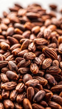 A photo of Kerob seeds isolated on a white background, featuring rich, chocolatey tones and an elegant presentation.