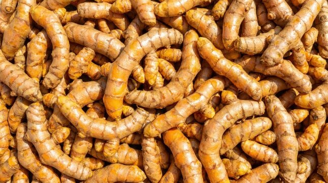 Abundant harvest of fresh raw turmeric rhizomes close up for health and cooking.