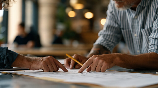 Close-up of two founders' hands collaborating over a paper prototype taped to a table surface in a busy urban co-working space, fingers pointing at friction points in a user