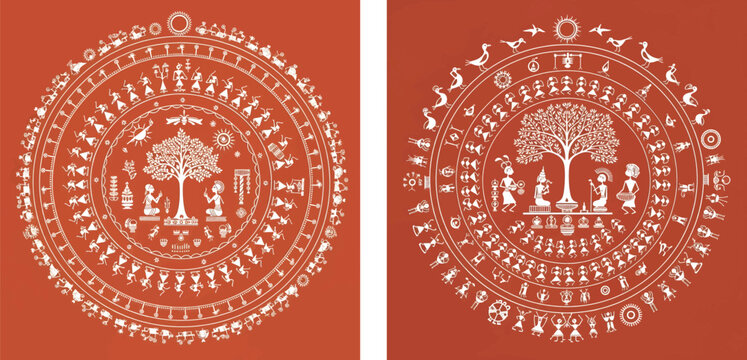 Warli art circular pattern with tree of life, traditional Indian tribal folk painting vector, terracotta background with white ethnic figures