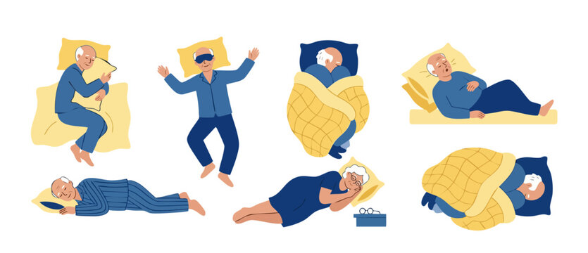 Elderly People Sleeping Set - Senior Citizens in Pajamas Resting at Night, Bedtime Poses Collection for Healthcare, Wellness, and Aging Lifestyle Design Concept, Hand Drawn Flat Vector Illustration