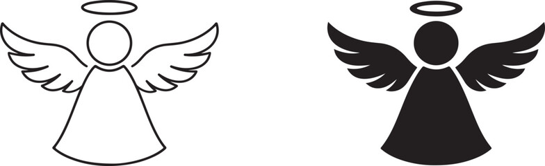 Obraz premium Christmas angel with wings and halo black silhouette and outline.