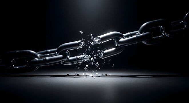 A large metal chain breaking apart with pieces flying off in a dark background with a spotlight shining down