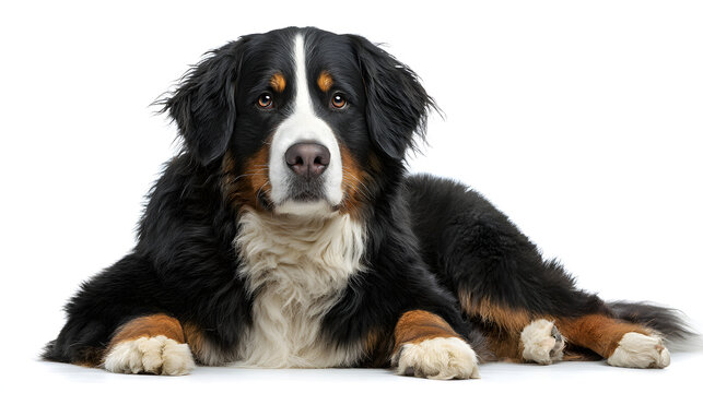 A portrait of a Bernese Mountain Dog shows its calm temperament and distinctive markings, lying peacefully with a captivating gaze.