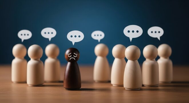 Sad wooden figurine isolated from a group with speech bubbles exclusion loneliness