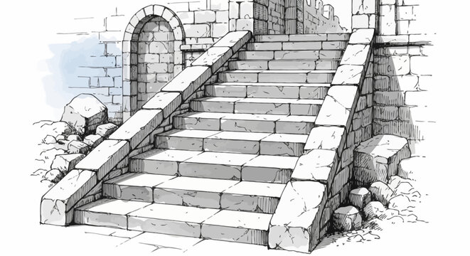 Hand drawn sketch of ancient stone stairs in a medieval castle fortress wall