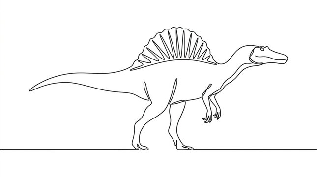 Minimalist Continuous Line Drawing of Spinosaurus Dinosaur with Sail Back in Elegant Single Line Vector Illustration Style