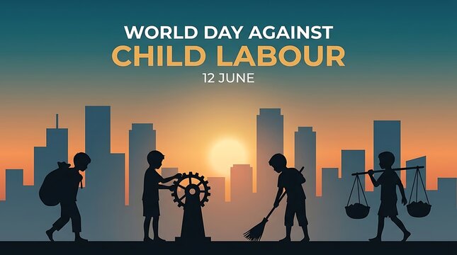 World day against child labour awareness illustration with silhouettes of working children and cityscape