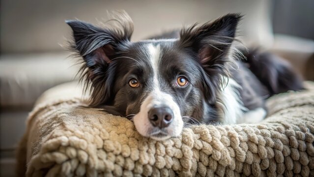 A photo of a fluffy border collie dog lying contentedly on a plush couch, its eyes closed in relaxation, surrounded by soft textiles and a comfortable