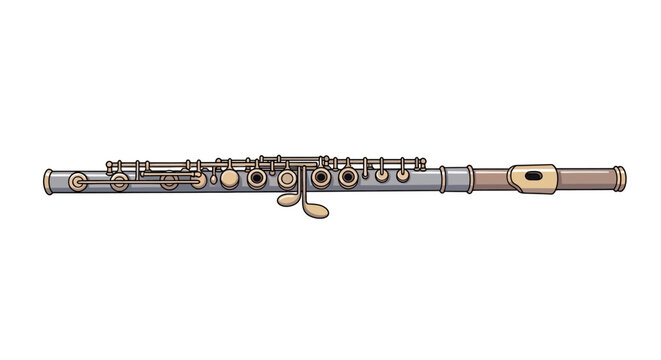 Illustration of a silver transverse flute with musical notes isolated on white