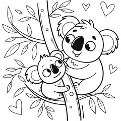Cartoon Koala Mother and Baby Sitting on Tree Branch – Cute Wild Animal Outline Drawing for Kids Educational and Creative Coloring Projects © Ashikuzzaman