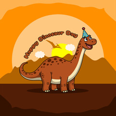 A cheerful, spotted, long-necked dinosaur wearing a festive party hat against a bright prehistoric sunset. Perfect for Fun educational activities, and a unique Jurassic feel. Dinosaur Day, June 1st © Robert Yap