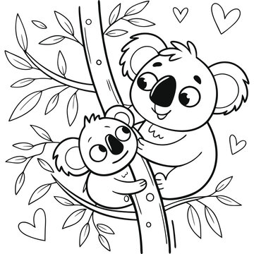 Cartoon Koala Mother and Baby Sitting on Tree Branch &ndash; Cute Wild Animal Outline Drawing for Kids Educational and Creative Coloring Projects