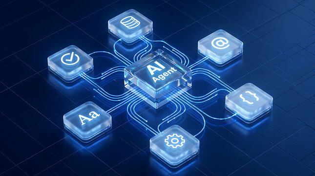 Futuristic AI Agent concept showing a central artificial intelligence processor connected to data, email and coding icons via glowing blue circuits.