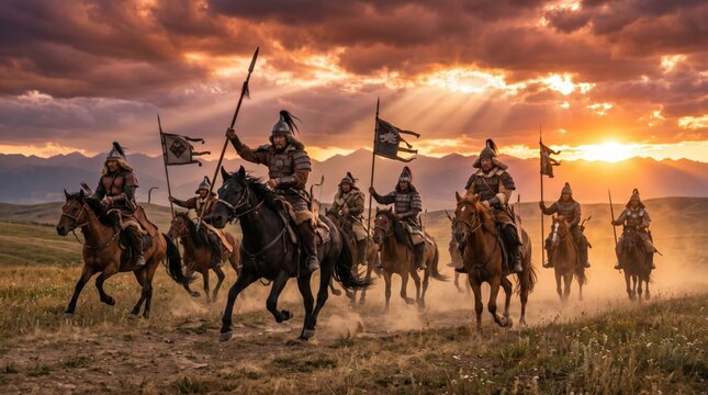 Epic Cinematic Illustration of Mongol Cavalry Warriors Charging Across the Steppe at Sunset with Spears and Banners