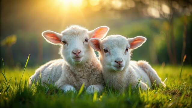 A photo of two fluffy white lambs cuddling together on a lush green meadow