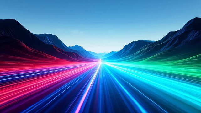 Futuristic valley with neon digital light trails and colorful gradient mountains