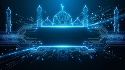 Fototapeta premium Digital mosque silhouette with glowing circuitry lines and futuristic blue neon light patterns for ramadan