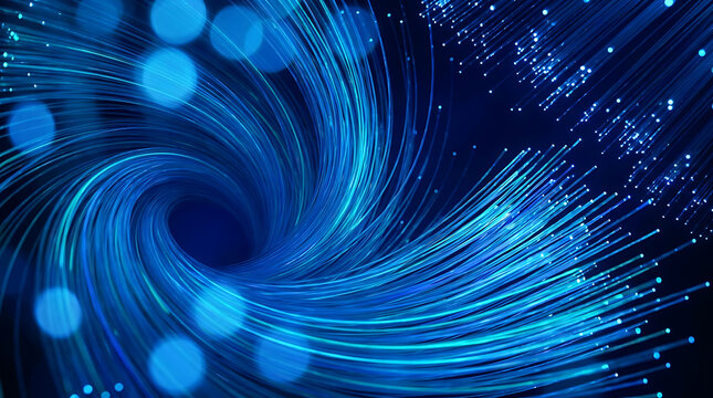 Abstract futuristic background featuring a vortex of blue fiber optic cables with glowing light tips for high speed data transmission - 3d illustration
