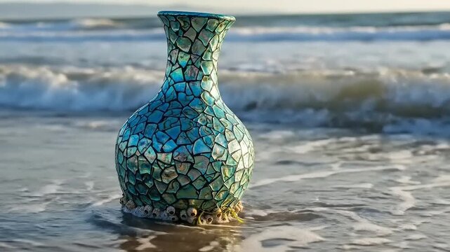 Mosaic vase on sandy beach shore.