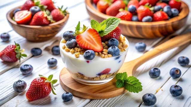 A photo of a healthy breakfast yogurt parfait with fresh berries and crunchy granola on a wooden spoon, set against a crisp white background, featurin