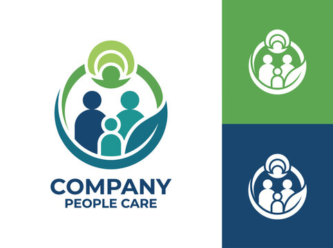 This logo depicts a caring company ethos with three figures and green elements, capturing the essence of community and support in a welcoming and modern design.