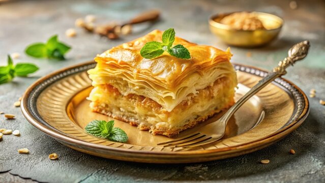 A photo of a golden Greek galaktoboureko layered with crispy phyllo dough, presented on a delicate, ornate plate, garnished with a few fresh mint leav