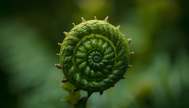 Macro shot of a young green fern frond uncurling in a perfect spiral pattern with blurred background