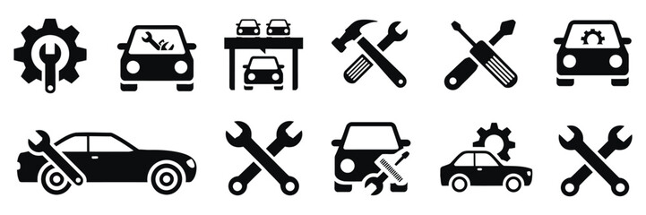 Automotive service and car repair icon set with tools, gear, engine and diagnostics symbols, editable stroke vector for garage and workshop design. © ABUBOKKORsiddik
