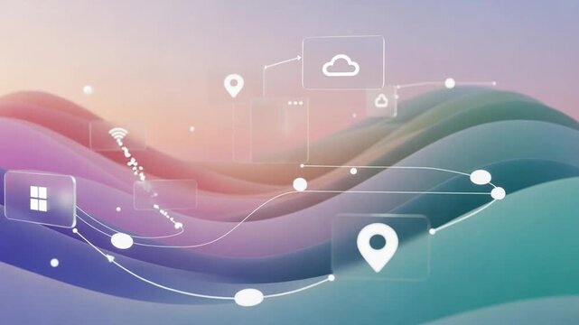 Digital Connectivity Flow with Abstract Icons and Wavy Background