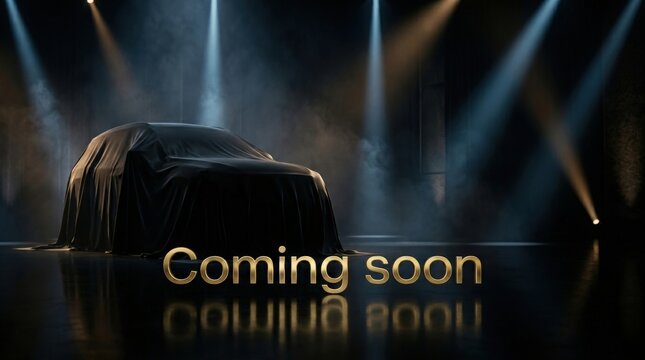 Car under cover with coming soon text and dramatic stage lighting