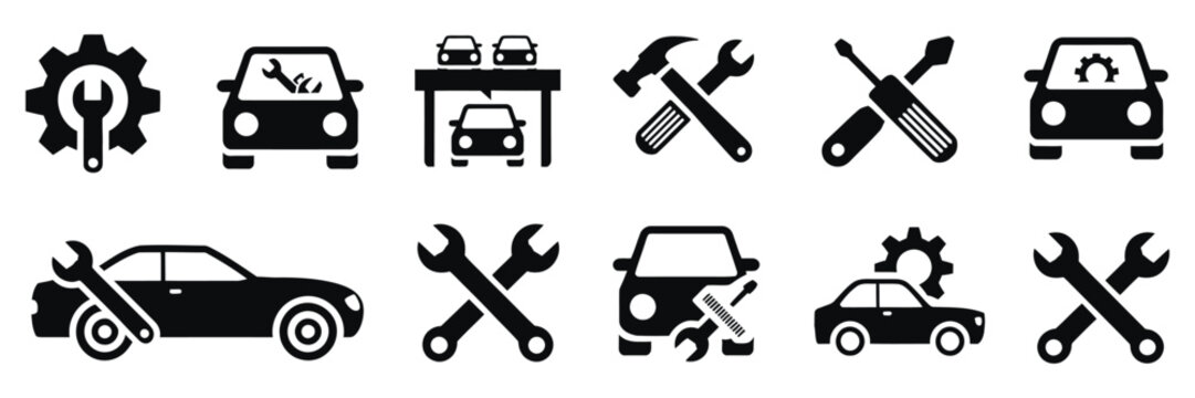 Automotive service and car repair icon set with tools, gear, engine and diagnostics symbols, editable stroke vector for garage and workshop design.