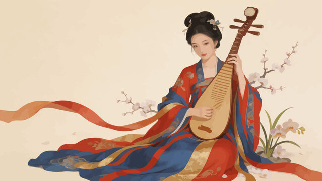 Woman in traditional dress playing lute