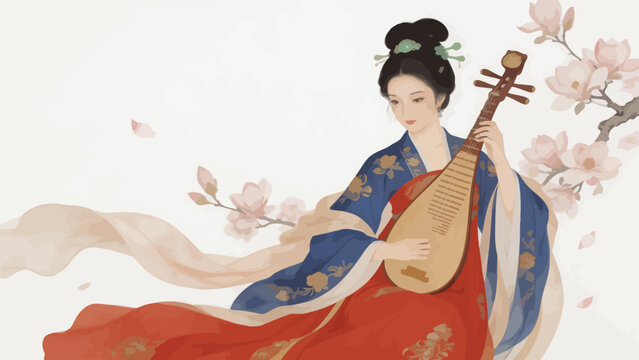 Woman in traditional dress playing string instrument