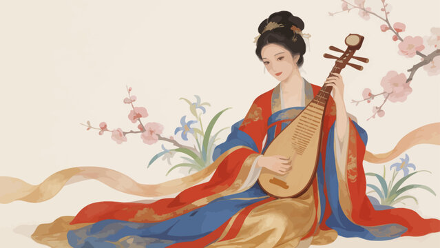 Woman in traditional dress playing string instrument