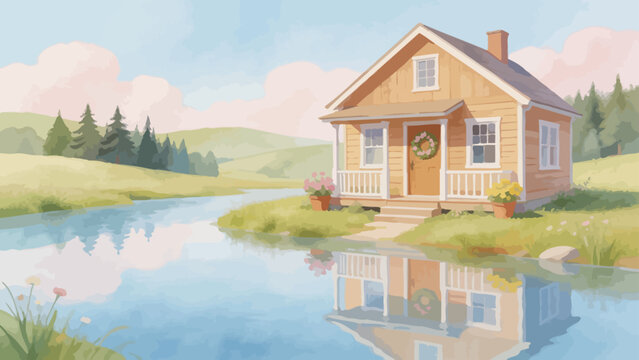 Painting of a house by a river