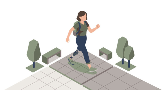 Woman with Prosthetic Leg Walking in Park Isometric Illustration