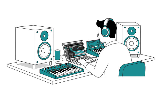 Music Producer Creating Sound with Laptop and Studio Monitors