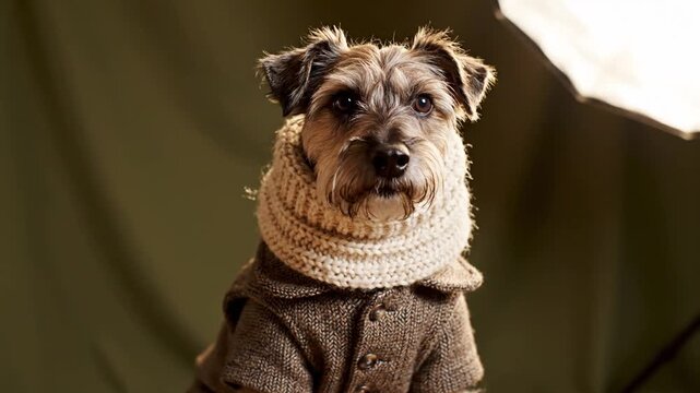Portrait of a scruffy terrier-type dog wearing a brown tweed herringbone jacket and a cream knit wool snood, sitting in a studio with a dark green backdrop and professional lighting.