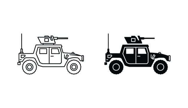 Military humvee vehicle icon set featuring armored tactical truck outline and solid black silhouette for defense industry design