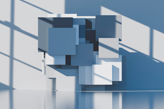 3D geometric cube wall with layered block and blue shadow