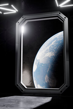 3D space window earth scene with orbital light and shadow